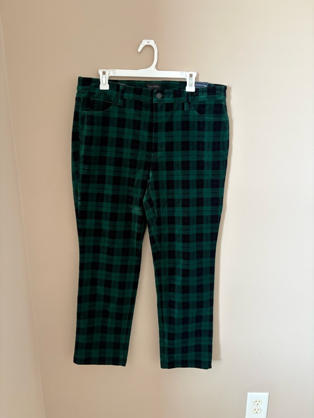 Talbots Green and Black Plaid Velvet Straight leg Pants Size 14P - Picture 3 of 6